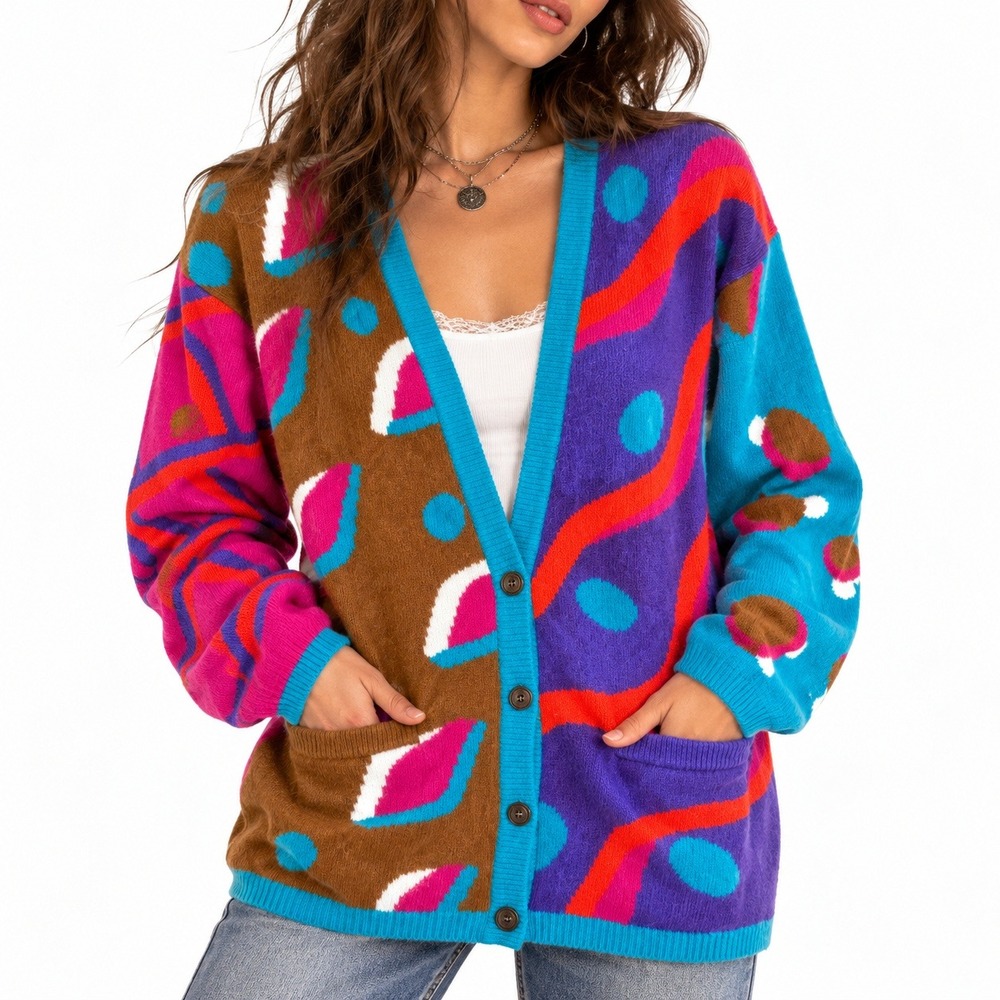 Vintage Lambswool Angora Cardigan Sweater Large Abstract 80s Maximalist Vibrant